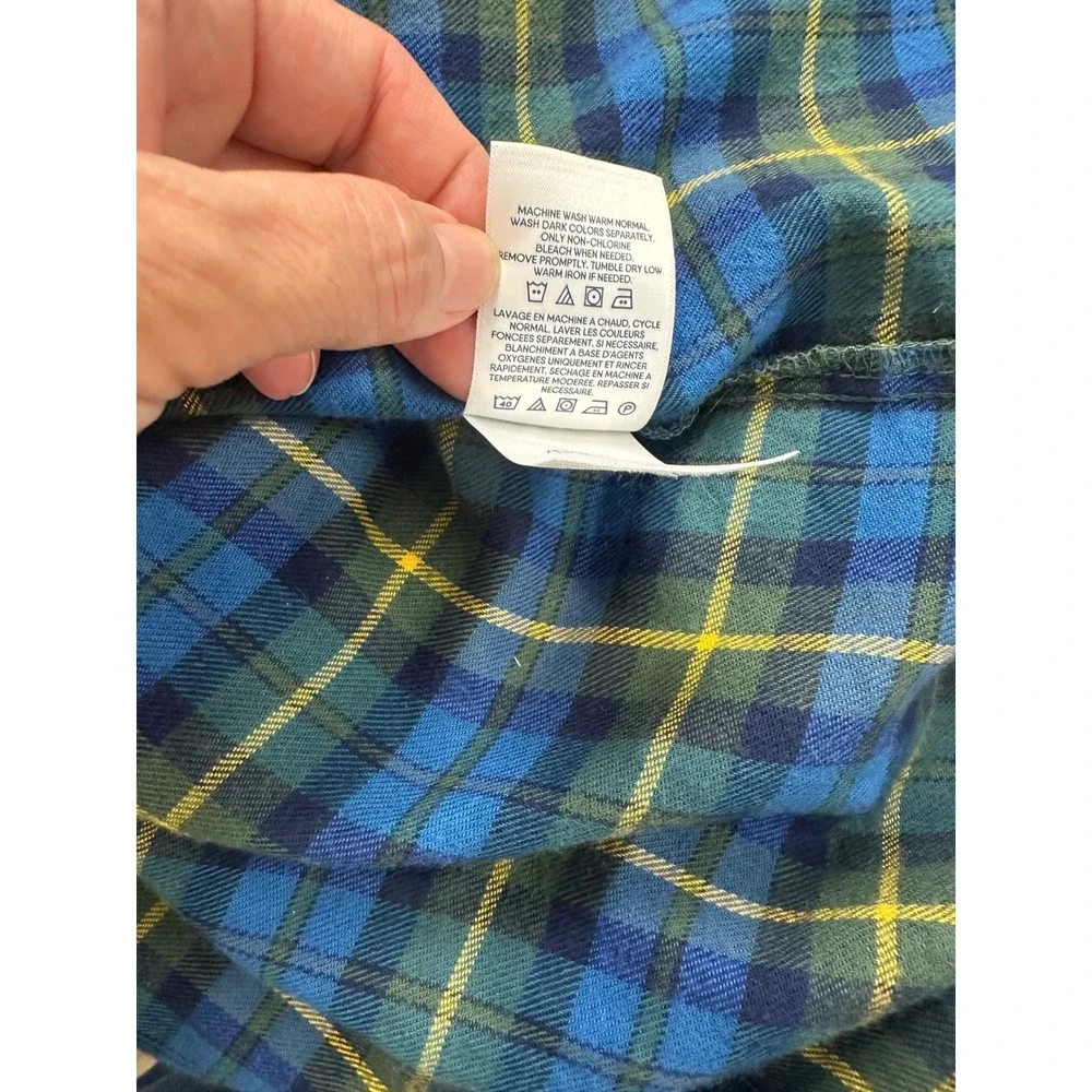 Lands End Mens Flannel Robe Blue Green Plaid Cotton Shawl Collar Belted Size M
